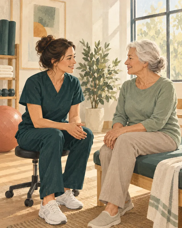 Illustration of a therapist and a patient in a therapy studio.